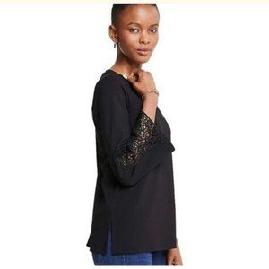 NWT ANN TAYLOR | Black Lace 3/4 Sleeve Ponte Knit Crew Neck Blouse Top Shirt